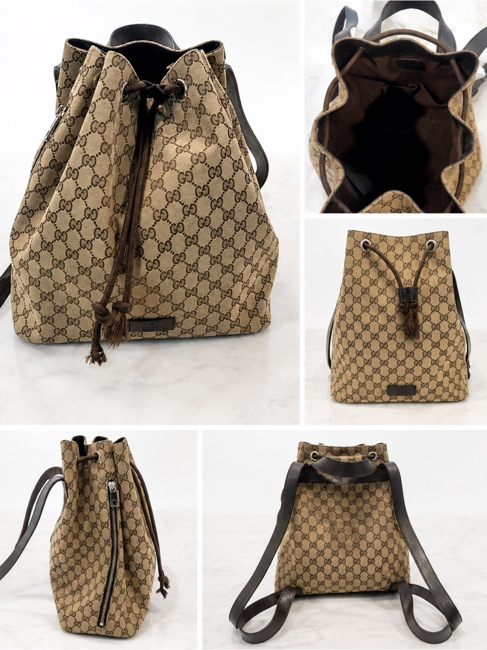 Gucci Beige/Brown Monogram Drawstring Backpack